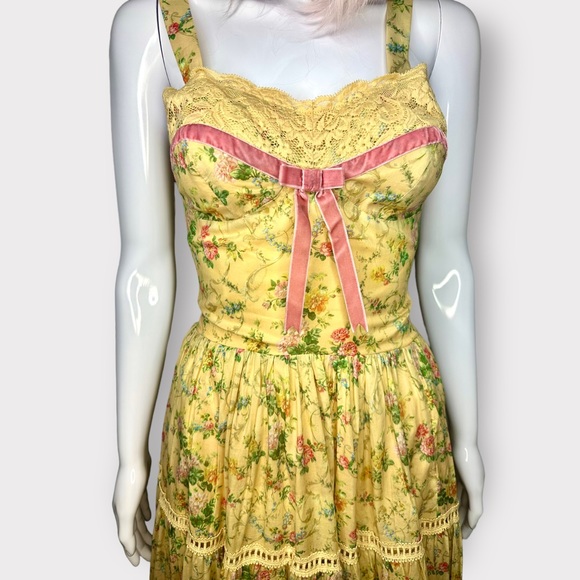 Kitten D’Amour Cottage Core, Fairy, Yellow Floral, Pink Lace Bow Dress - Picture 9 of 11